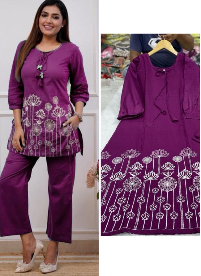 Rayon Viscose Magenta Casual Wear Lucknowi Work Readymade Cord Set